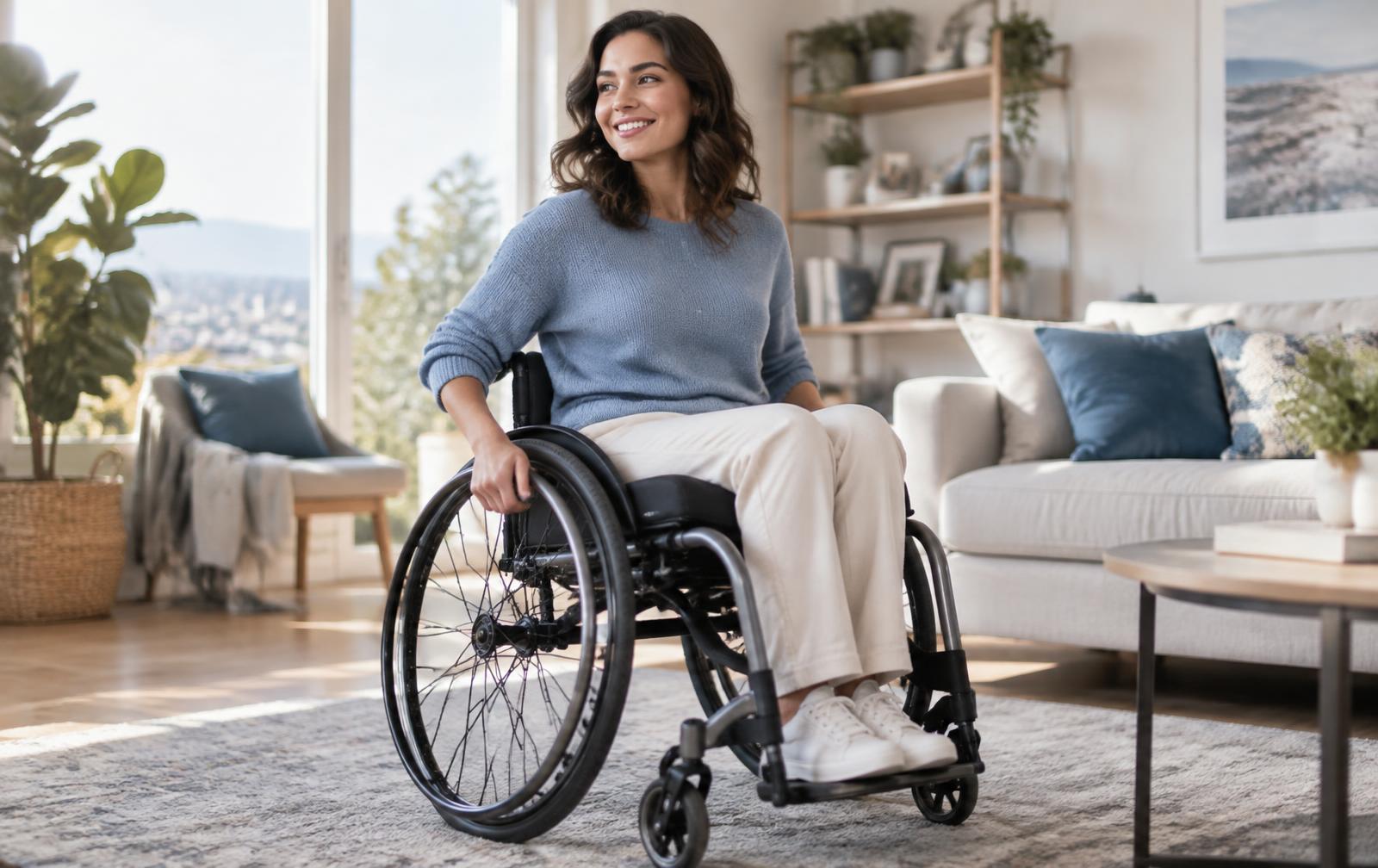 A woman in an ultralight wheelchair at home